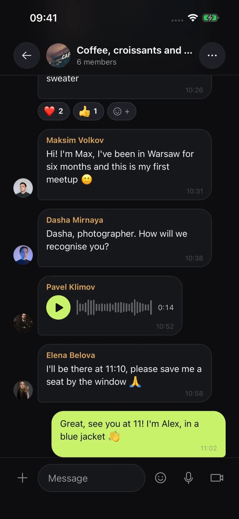 Meetup chat in Mates: participants get to know each other and confirm the place, demo example