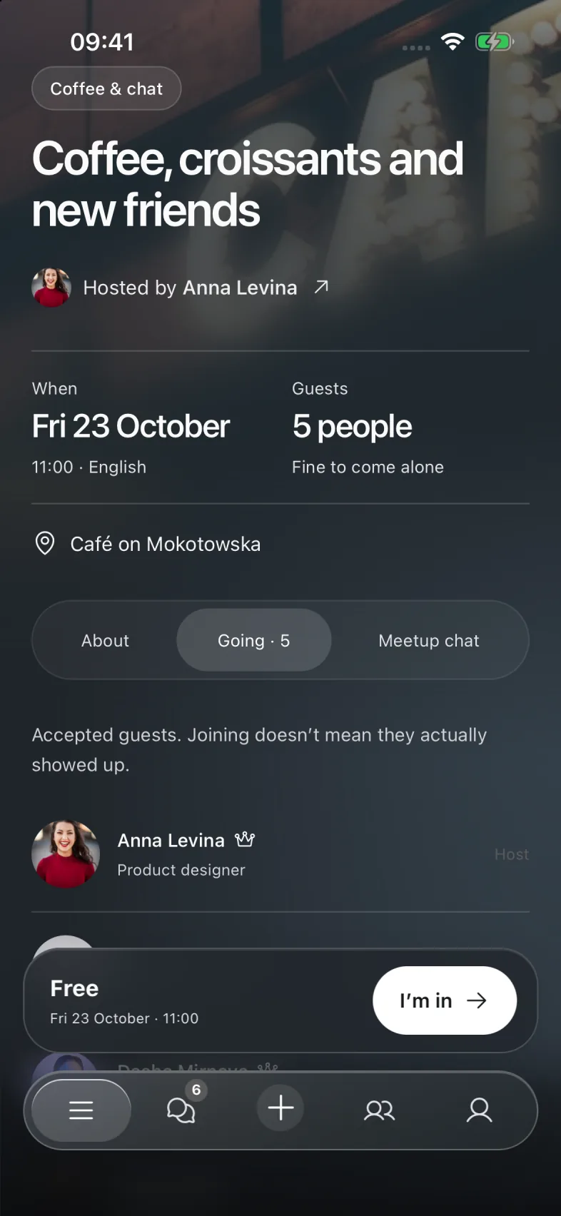 Meetup details in Mates: time, place and company, demo example