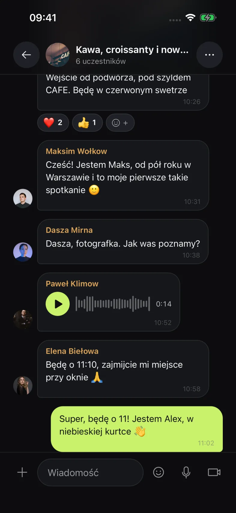 Czat spotkania w Mates: uczestnicy się poznają i ustalają miejsce, przykład demonstracyjny