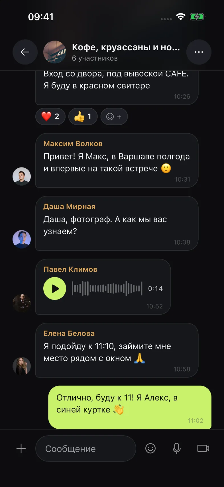 Чат встречи в Mates: участники знакомятся и уточняют место, демонстрационный пример
